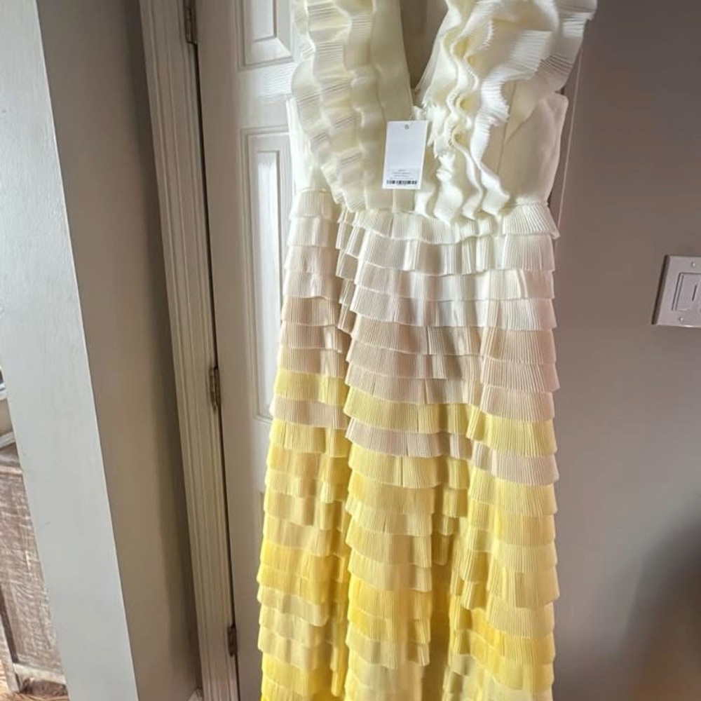 Aje Reflections Ombré Gown -Pleated Ruffle Tiered Dress in Cream and Yellow MOB - Picture 2 of 14